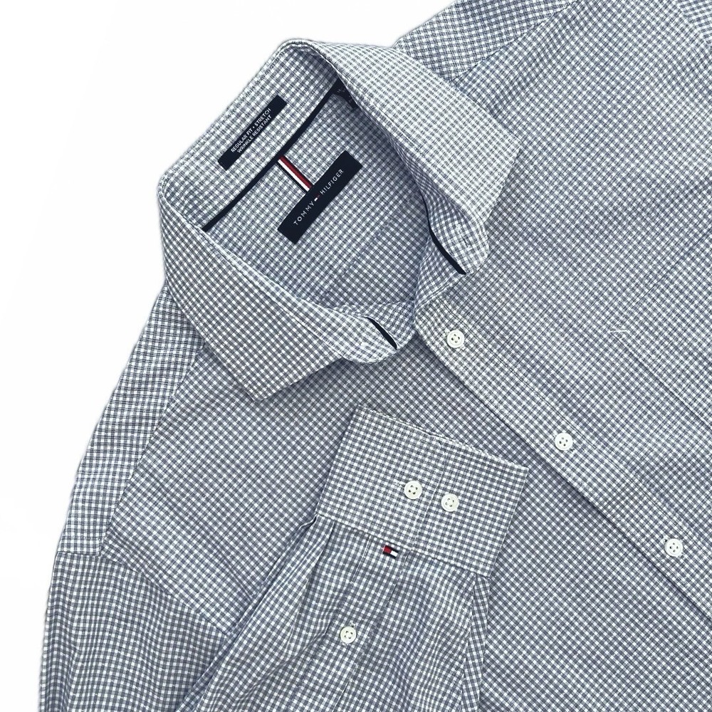 Tommy‎ Hilfiger Men's Blue Check Shirt Regular Fit Stretch Size L 16-16.5 34/35